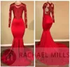 2018 Vintage Sheer Długie Rękawy Red Prom Dresses Mermaid Appliqued Cekinowe Afrykańskie Czarne Dziewczyny Suknie Wieczorowe Red Dywan Sukienka