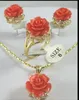 Ensemble de collier, boucles d'oreilles et bagues en corail rose/rouge sculpté, fleur sculptée, 12MM