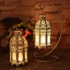 Vintage Metal Hollow Candle Holder Color Glass Crystal Moroccan Candlestick Hanging Lantern Wedding Party Home Decor