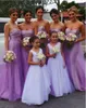 Lilac Bridesmaids Klänningar Sweetheart Ärmlös Ruched Top Mermaid Kjol En linje Overkirt Ljus Lila Brudtärna Klänning För Bröllopsfest