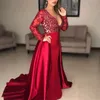 Dark Red Mermaid Prom Dresses Lace Appliques Sheer Long Sleeves Evening Gowns Deep v Neck Sexy Satin Formal Party Dress Saudi Arabia Vestido