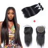 Brazilian Straight Loose Deep Body Wave Curly Human Hair Weaves 3 Bundles With 4x4 Lace Closure Bleach Knots Closures