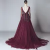 Elegant Backless Burgundy Lace Formal Celebrity Evening Dresses V Neck Long Sleeves Middle East Arabic Prom Party Gowns HH277