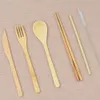 7Pcs/Set Wooden Dinnerware Set Bamboo Teaspoon Fork Soup Knife Catering Cutlery Set with Cloth Bag Outdoor travel portable tableware