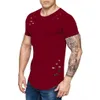 2018 nuovi uomini strappati tinta unita girocollo girocollo t-shirt casual scava fuori curvo maniche corte top