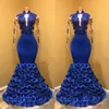 Royal Blue Long Sleeves Evening Dresses Deep V Neck Mermaid Prom Dresses 2018 Lace Appliques African Women Formal Wear Party Gowns Vestidos