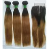 #1B/27 Ombre Blonde Straight Bundles with Closure Brazilian Peruvian Malaysian Human Hair Weave 3 Bundles with 4x4 Middle Part Lace Closure