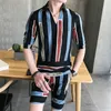 Moda Letnia Koszula Mężczyźni I Krótkie Casual Ekkek Giyim Slim Fit Social Club Stroje Pasek 2 sztuk Zestaw Koszula i Szorty Sweter