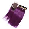 Straight Purple Ombre Virgin Peruansk Human Hair Bundle handlar om stängning 4st Two Tone 1bpurple Ombre Weaves med 4x4 spets 8394988