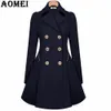 Kvinnor Spring Elegant Long Wind Coat med dubbelknapp Navy Blue Solid Color Long Hidees Tops Office Lady Winter Trench Outwearmm01