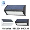 Brillo de alta calidad 4 Modse 800LM Impermeable 48 LED Luz solar 2835 SMD Energía solar blanca Jardín al aire libre