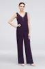 Lila Beaded Mor of the Bride Pant Suits V Neck Tre Pieces Bröllop Gästklänning Plus Storlek Chiffon Mothers Groom Dresses