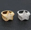 Mens 3D Star 14K Gold Plated Copper Rings Bling Iced Out CZ Stone Star Shape Ring Gold Silver Rosegold Hiphop Jewelry2318