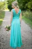 Turquoise Bridesmaids Dresses Sheer Jewel Neck Lace Top Chiffon Long Country Bridesmaid Maid Of Honor Wedding Guest Dresses HY260