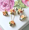 Warmhome Trendy Jewelry Enamel Glaze Copper Fashion Pink Flower Gray Gem Pearls Necklace Earrings For Women