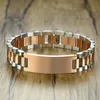 Gents Two-Tone Rose Gold Tone President-Style med ID Tag Plate Link Watch Band Armband Inspiration Graverbara Män Smycken