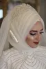 Marfim Véus De Noiva Muçulmano 2018 Beading Pérolas Tulle Casamento Hijab para a Arábia Saudita Noivas Custom Made Elbow Comprimento Véus de Noiva