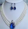 3 rows white pearl pendant necklace earrings 17"-19"