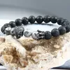 Nouveau pistolet noir hommes bijoux Micro pavé couronne spartiate crâne Bracelets avec 8mm naturel lave pierre pierre perles