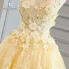 Yellow Ball Gown Long Prom Dresses 2020 Elegant Sweetheart 3D Floral Flowers Lace Floor Length Evening Dresses Party Gown Engagement Gowns