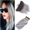 Dark Root Ombre Silver Grey 13x4 Full Lace Frontal Closure With 3Bundles Silky Straight 1B/Grey Ombre Brazilian Hair Weaves With Frontal