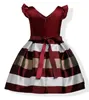 Fashion Puff Sleeves Mix Color Stripe Jacquard Party Dress for Girls Wedding Satin Europe and American Princess Dresses fit 3-10 Years kids