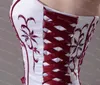 赤い刺繍と赤いバラの花オーガンザドレープアラインブライド039Sウェディングドレス1842003を備えた新しいストラップレスホワイト