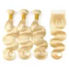 브라질 바디 웨이브 Human Hair Weave 3 번들 613 Blonde Human Hair Bundles (4x4 프리 파트 레이스 클로저) Honey Platinum Virgin Hair