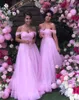 Romantic Pink Off the shoulders Bridesmaid Prom Dress Long With Short Sleeves Applique Cheap Wedding Guest Evening Formal Dresses For Women