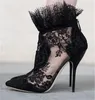 여성 패션 지적 발가락 블랙 레이스 얇은 발 뒤꿈치 짧은 메쉬 부츠 프린지 디자인 수 놓은 하이힐 앵클 부츠 드레스 신발