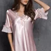 Nightgown Pijama Sexy Silk Night Dress Lace Plus Size Manga Curta Pijama Mulheres Nightwear Sleepwear Nuisette Femme