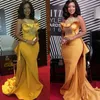 Elegant African Nigerian Mermaid Evening Dresses Fashion Gold Long Formal Plus Size Prom Dresses 2020 With Beaded Satin Train Celebrity Gown