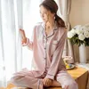 New Design Winter Women Silk Pajamas Set Female Long Sleeved Pajama Suit Home Wear Simple Women Cardigan Brand Pyjamas Set