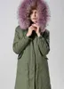 Nieuwe aanbieding Lavendel Wasbeer Bont Trim MEIFENG Lavendel Konijnenbont Voering Army Green Canvas Lange Parkas