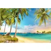 Cielo blu e mare, spiaggia tropicale, sfondo panoramico, palme stampate, bellissima vista del tramonto, sfondi fotografici per feste al mare per bambini