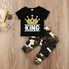 Çocuklar Erkek Bebek Kıyafetleri Siyah tişört + Kamuflaj Pantolon Çocuk Boy Giyim Kral Taç Bebek Giyim için Toptan Fabrika Suit set 2PCS