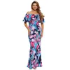 Off-the-Shoulder Maxi Klänningar Sommarlov Party Navy Blue Roses Print Gowns Vestido Festa Largo Robes Klänning Robe Longue Femme