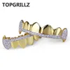 TOPGRILLZ золото хип-хоп зубы Grillz микро проложить кубический Циркон TopBottom вампир клыки зубы Грили набор Holleween идея подарка