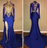 Arabic Gold Appliques High Neck Blue Prom Dresses 2K Mermaid Long Sleeves Sexy High Split Black Girls Evening Gowns Celebrity Dress