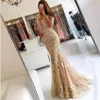 Elegant 2019 Champagne Lace Mermaid Prom Dresses Sheer Half Sleeves Backless Illusion Jewel Neck Formal Evening Dresses Wear Party Gowns