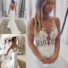 Ilusão corpete novo 2019 vestidos de sereia sheer neck renda appliqued varredura trem cetim sexy sem costas vestido de casamento