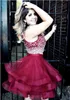 Two Piece Red Short Homecoming Dresses Sequins Tulle Tiered Ruffles Ball Gown Prom Dresses Burgundy Short Party Dresses