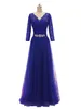 Afgedekt v nek lange avondjurken 2019 Lange mouwen avondjurken Empire Taille Party Dress Purple Navy Blue9014706