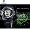 Forsining Steampunk Golden Luminous Skull Nero Acciaio inossidabile Scheletro Open Work Orologi automatici da uomo Orologio di marca superiore289w