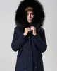 Grootste maat Zwart Bont Trim Hoody Dames Jassen Meeffeng Merk Zwart Konijnenbont Voering Navy Blue Long Parkas