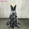 Real Simple Sexy V-neckline A Line Evening Dresses Prom Gowns Printed Satin Sexy Backless Red Carpet Dress Evening Gowns Custom Made