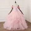 Romântico Flores Blush Quinceanera Vestidos de Baile vestido de Baile Fora do ombro Tule Applique Lantejoulas Novo Estilo Barato Vestidos Formais Doce 16