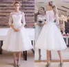 Beach Knee Length Lace Tulle Wedding Dresses Vintage Sheer 3/4 Sleeves Appliques with Bow Sash Bohemian Bridal Gowns Cheap mm38