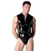 Alta Qualidade Masculino Exótico Vestuário Faux Leather Zipper Undershirts Sexy Homens Malha Splice Black Tank Undershirts + Briefs Lingerie Set