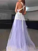 Lavender Evening Dress With White Lace Applique Plunging Sleeveless Red Carpet Sleeve Back Criss Cross Floor-Length Custom Made Party Gowns